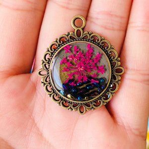 Real Dried flowers and mini rock pendant necklace